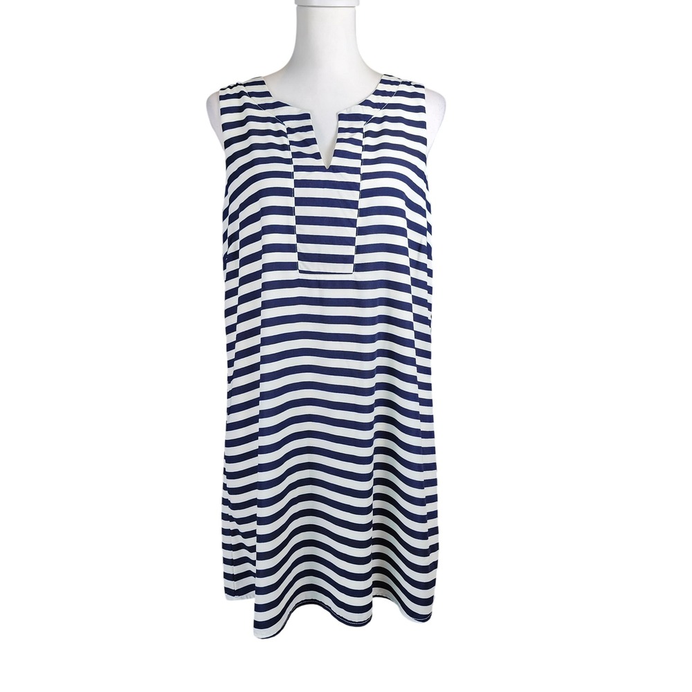 Peach Love Shift Dress Women Large Navy Blue White Stripe Nautical Preppy Casual